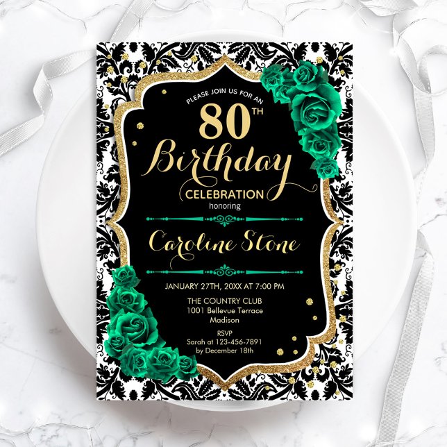 Green Rose Gold Black Damask 80. Geburtstag Einladung (Von Creator hochgeladen)