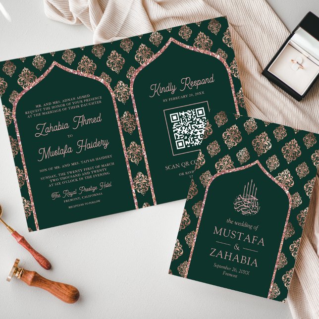 Green Rose Gold Damask Arch QR Code Muslime Hochze Einladung (Von Creator hochgeladen)