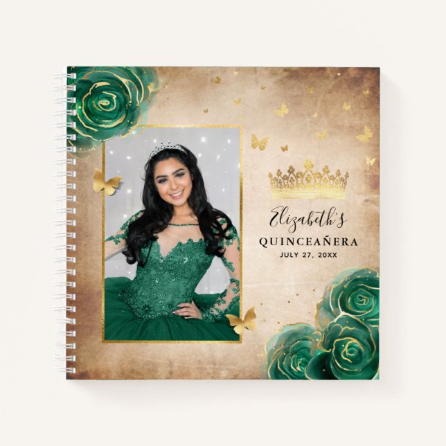 Green Rose Gold Elegantes Foto Quinceanera Gast Notizbuch (Vorderseite)