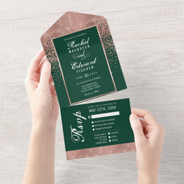 Green Rose Gold Glitzer Confetti Wedding RSVP All In One Einladung (Abreißen)