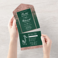 Green Rose Gold Glitzer Confetti Wedding RSVP