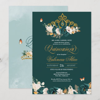 Green Rose Gold Tiara Butterfets Quinceanera Einladung