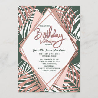 Green Rose Gold Tropical Palm Tree Blätter Geburts Einladung