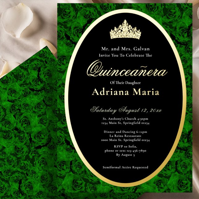 Green Roses Elegant Gold Floral Quinceanera   Folieneinladung (Von Creator hochgeladen)