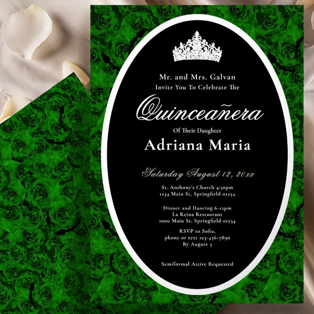 Green Roses Elegant Silver Floral Quinceanera   Folieneinladung (Von Creator hochgeladen)