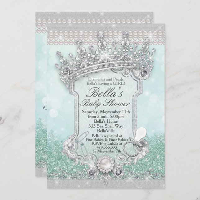 Green Royal Bling Glitzer Baby Shower Einladungen (Vorne/Hinten)