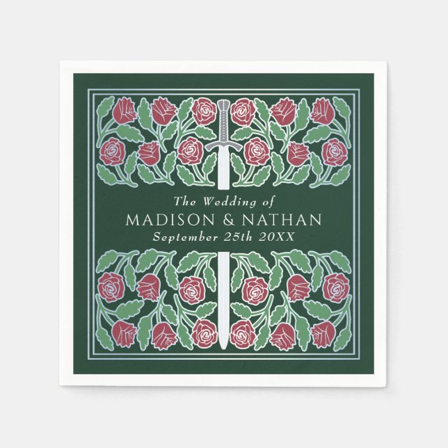 Green Royal Medieval Silver Floral Sword Wedding Serviette (Vorderseite)