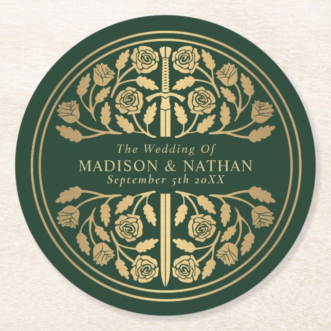 Green Royal Medieval Sword Wedding Runder Pappuntersetzer (Vorderseite)