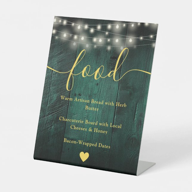 Green Rustic Bard Wood String Lights Menü Sockelschild (Vorderseite)