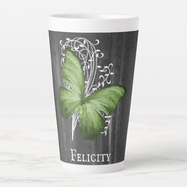 Green Rustic Butterfly Personalisiert Latte Tasse (Vorderseite)