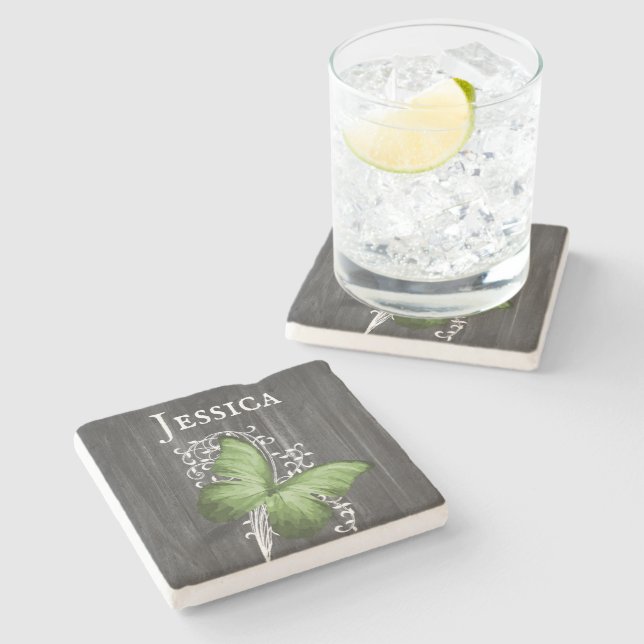 Green Rustic Butterfly Personalisiert Stone Unters Steinuntersetzer (Seitenansicht)