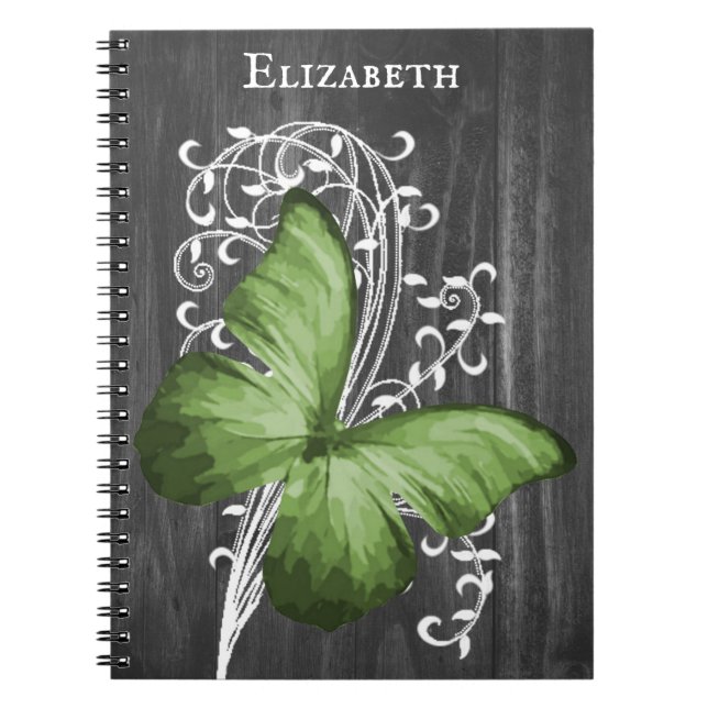 Green Rustic Butterfly Personalisiertes Notebook Notizblock (Vorderseite)