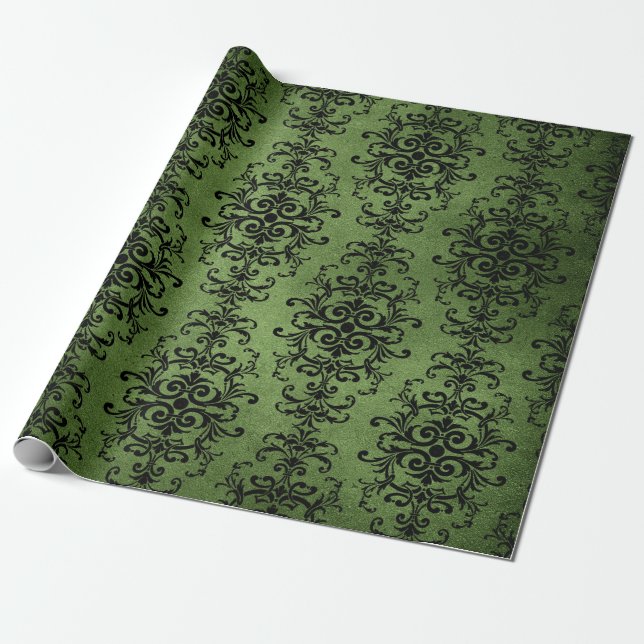 Green Rustic Damask Print Geschenkpapier (Ungerollt)