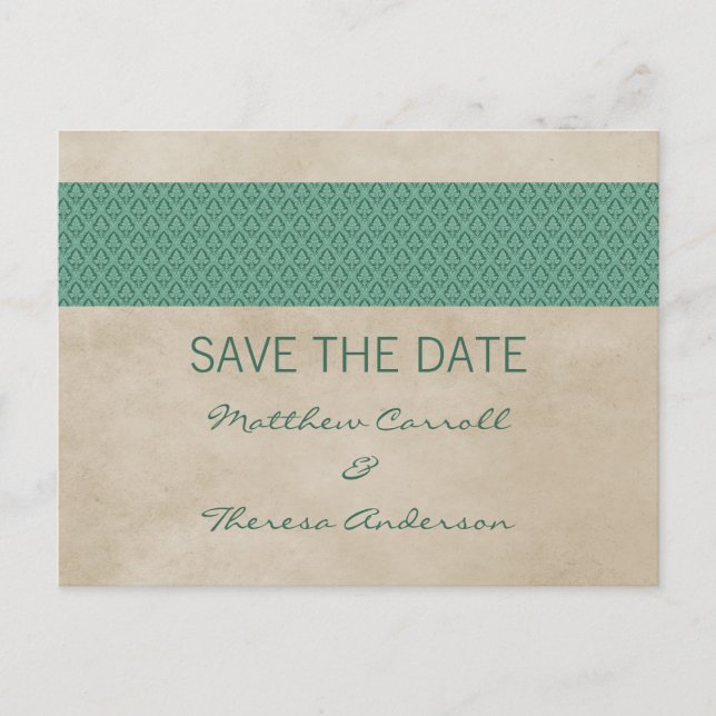 Green Rustic Damask Save the Date Postkarte (Vorderseite)