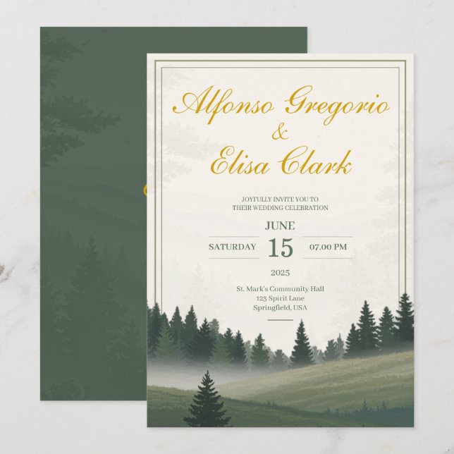 Green Rustic Forest Classic Watercolor Wedding Einladung (Vorne/Hinten)