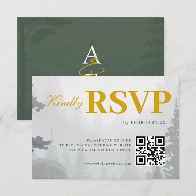 Green Rustic Forest Watercolor QR Wedding RSVP Karte (Vorne/Hinten)