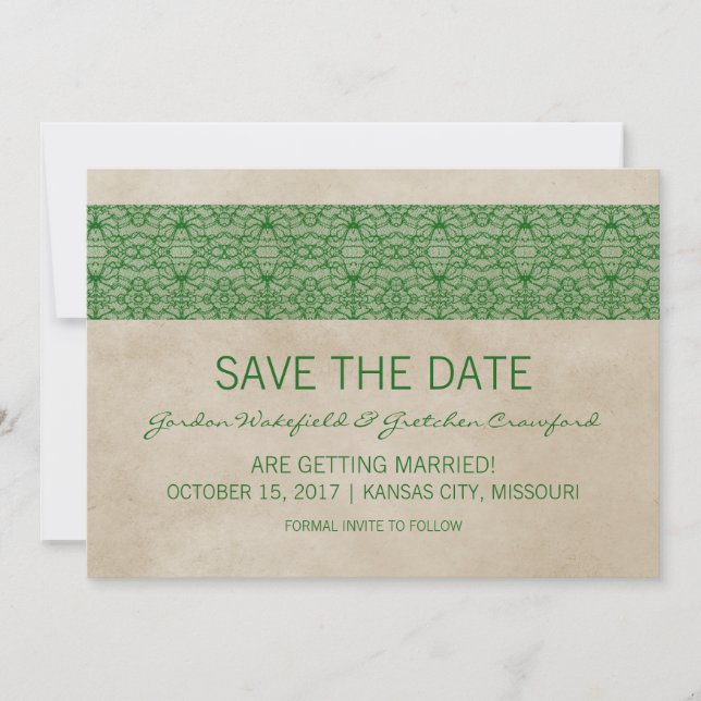Green Rustic Lace Save the Date einladen Einladung (Vorderseite)