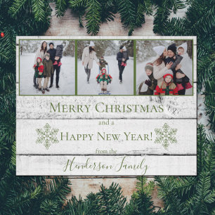 Green Rustic Snowflakes Flat Holiday Foto Card Feiertagskarte