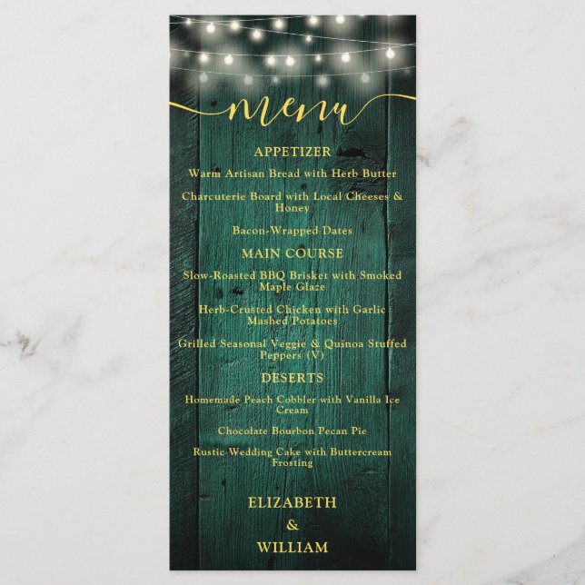 Green Rustic String Lights Barn Wood Wedding Menu Menükarte (Vorderseite)