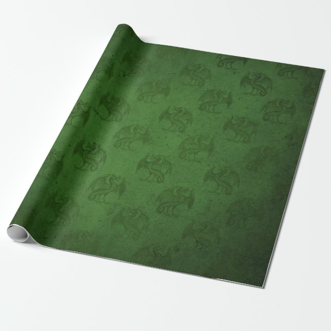 Green Rustic Vintag Dragon Print Geschenkpapier (Ungerollt)