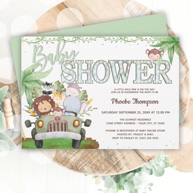 Green Safari Animals Kinderdusche Einladung (Green Safari Animals Baby Shower Invitation)