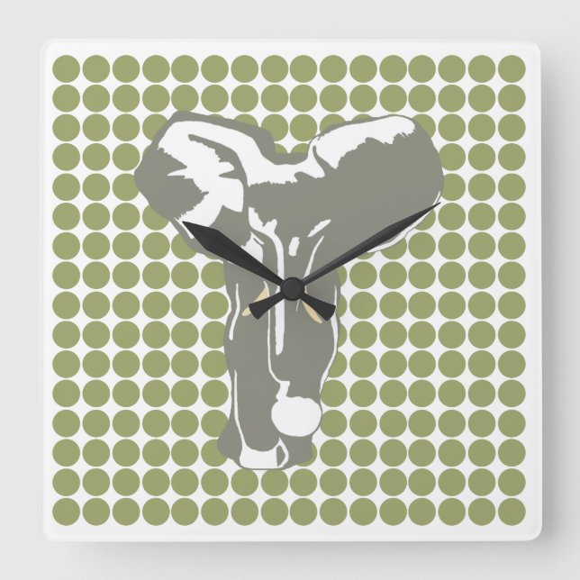 Green Safari Dot mit Pop Art Elephant Quadratische Wanduhr (Vorderseite)
