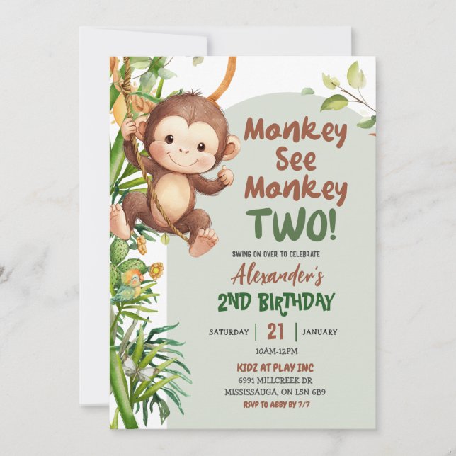 Green Safari Monkey See Monkey Two 2nd Birthday Einladung (Vorderseite)