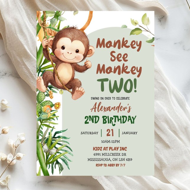 Green Safari Monkey See Monkey Two 2nd Birthday Einladung (Von Creator hochgeladen)