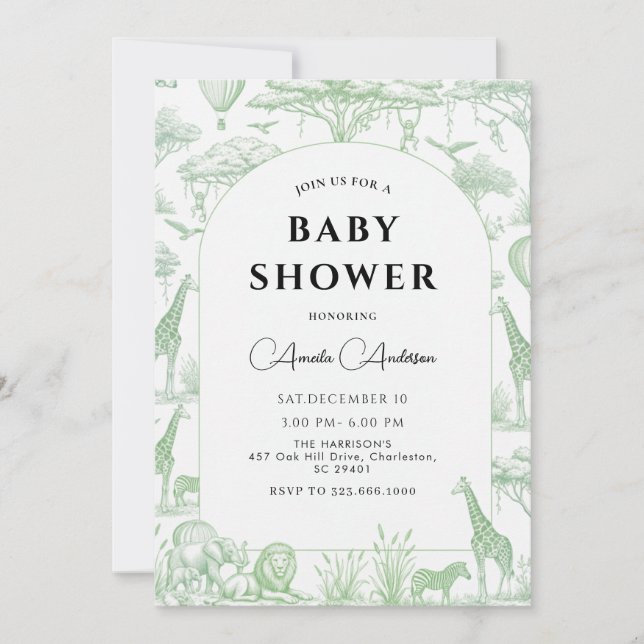 Green Safari Toile De Jouy Boy Baby Shower  Einladung (Vorderseite)