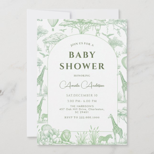Green Safari Toile De Jouy Boy Baby Shower  Einladung (Vorderseite)