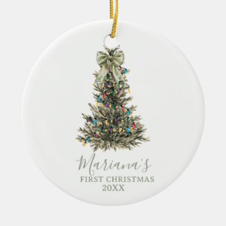 Green Sage Bow Pine Trees First Christmas Keramik Ornament