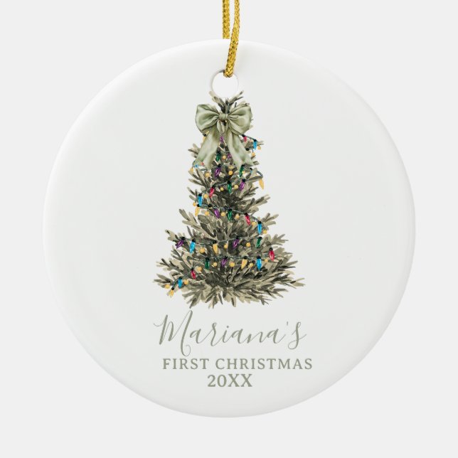 Green Sage Bow Pine Trees First Christmas Keramik Ornament (Vorne)