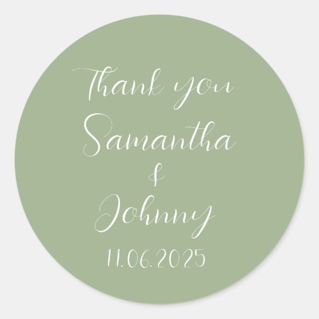 Green Sage Calligraphy Elegant Couple Wedding Runder Aufkleber (Vorderseite)