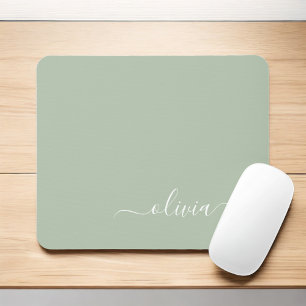 Green Sage Girly Script Monogram Name Modern Mousepad