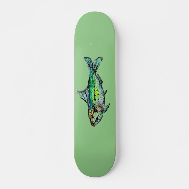 Green Sardine Watercolor Skateboard (Vorne)