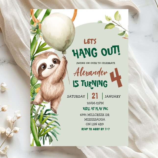 Green Savannah Sloth Let's Hang Out Birthday Einladung (Von Creator hochgeladen)