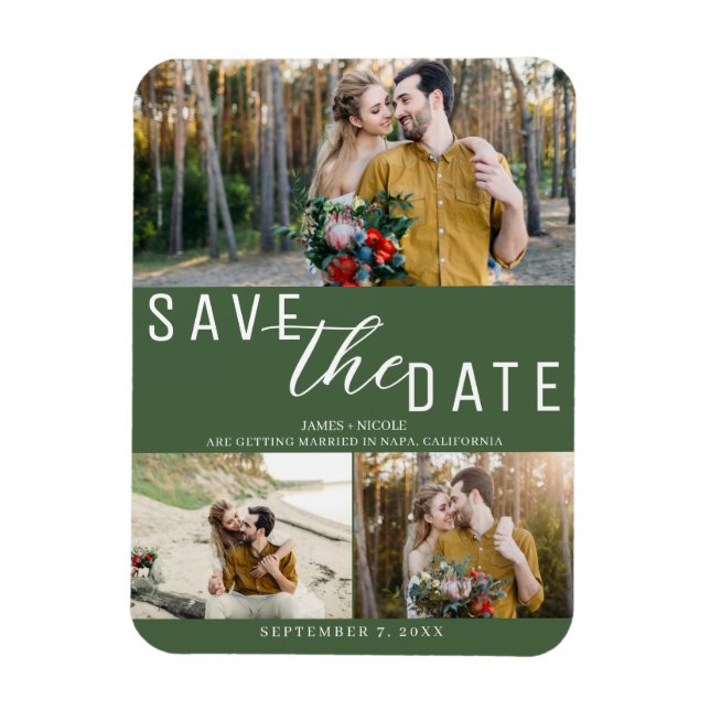 Green Save the Date Wedding 3 Fotos Magnet (Vertikal)