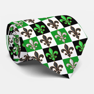 Green Schwarz-weiß Checkered Fleur-de-lis-Design Krawatte