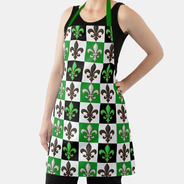 Green Schwarz-weiß Checkered Fleur-de-lis-Design Schürze (Von Creator hochgeladen)