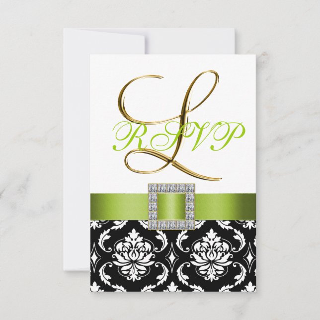 Green Schwarz-weiß Damask Initial L Wedding RSVP Einladung (Vorderseite)