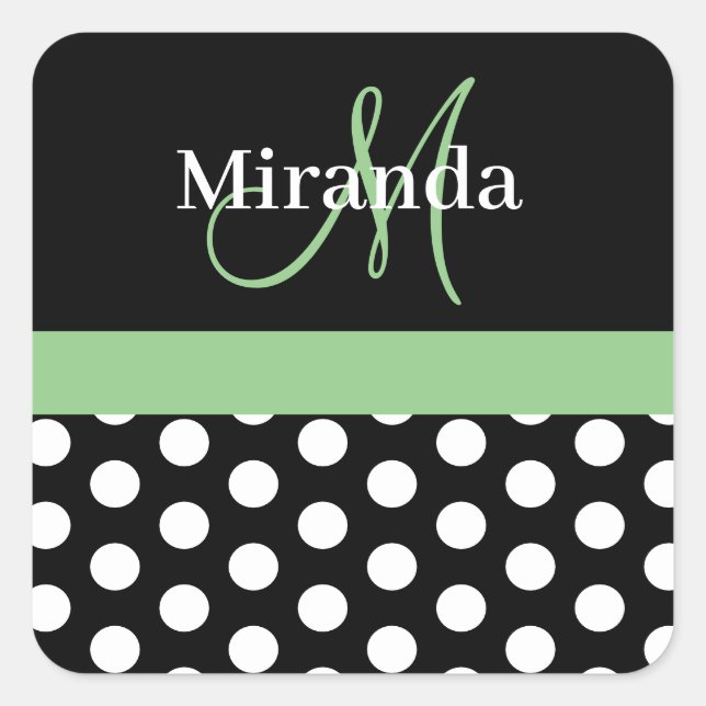 Green Schwarz-weiß Polka Dot Monogram Quadratischer Aufkleber (Vorderseite)