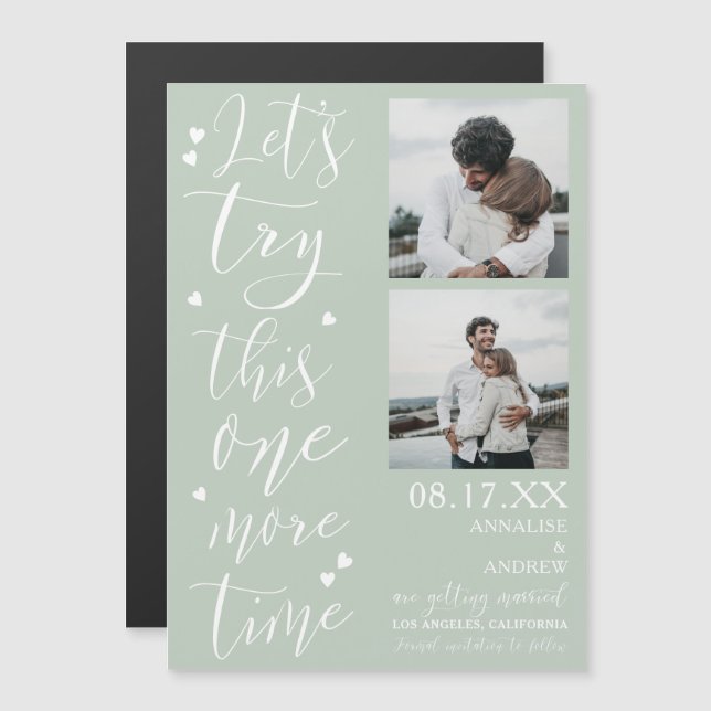 Green Script 2 Fotos lasse Save the Date versuchen Magnetkarte (Vorne/Hinten)