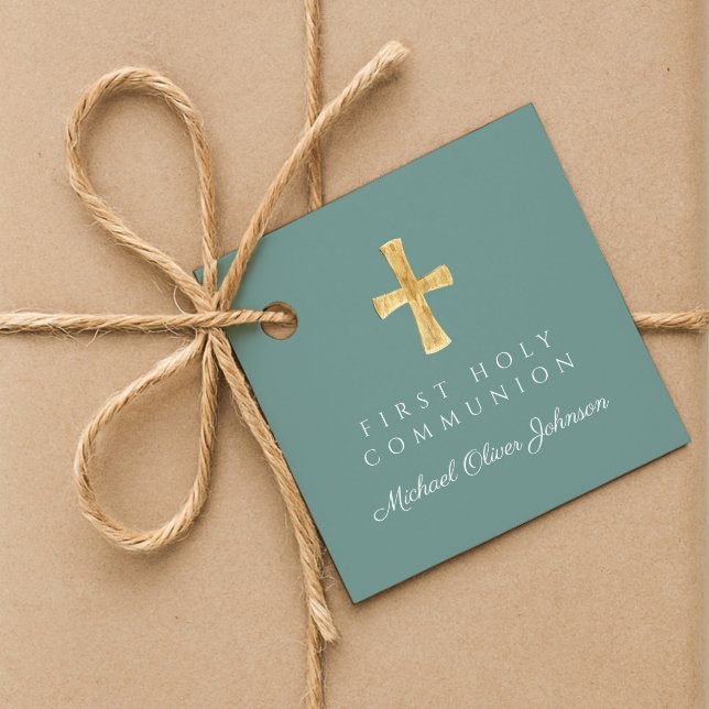 Green Script Cross Boy Erste Kommune Geschenkanhänger (Green Script Cross Boy First Communion Favor Tags)