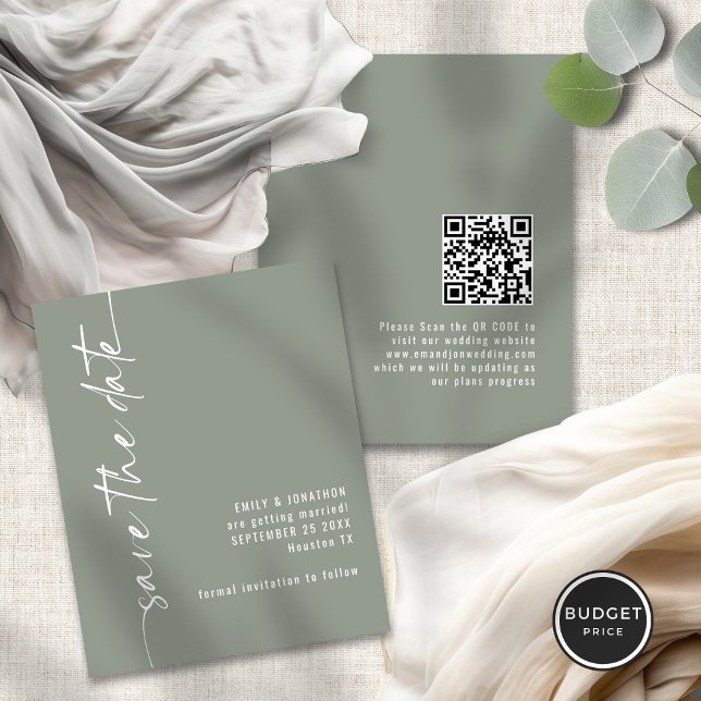 Green Script QR Wedding Save the Date (Front and back view)