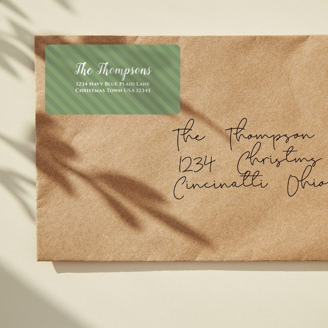 Green Script Rücksendeadresse Holiday Adressaufkleber (Simple cute green striped pattern with white text return address label. )