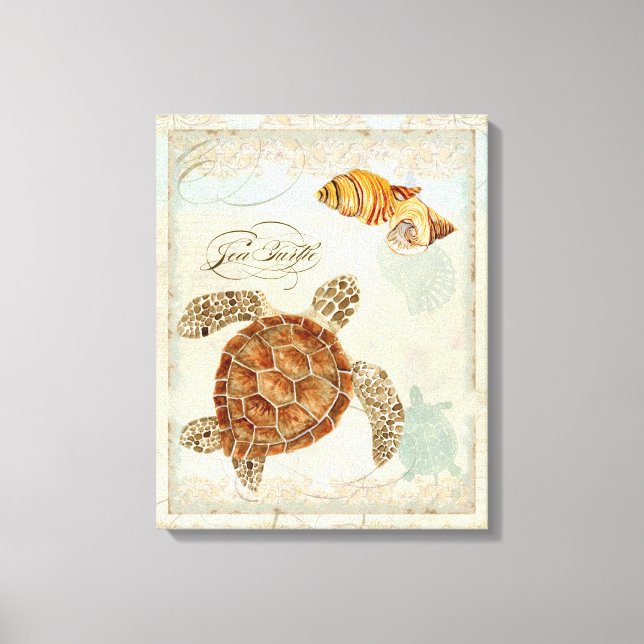 Green Sea Turtle Coastal Beach - Wasserfarben Art Leinwanddruck (Vorderseite)