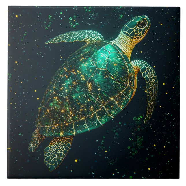 Green Sea Turtle on Dark Background Fliese (Vorderseite)