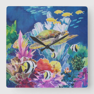 Green Sea Turtle Wall Clock Tropical Ocean Fish Quadratische Wanduhr