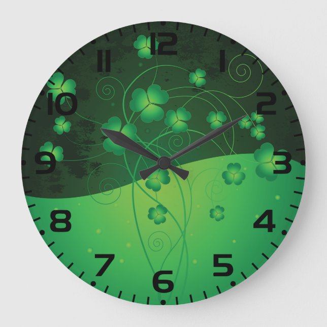 Green Shamrock Clover St Patrick’s Day Luck Große Wanduhr (Vorderseite)