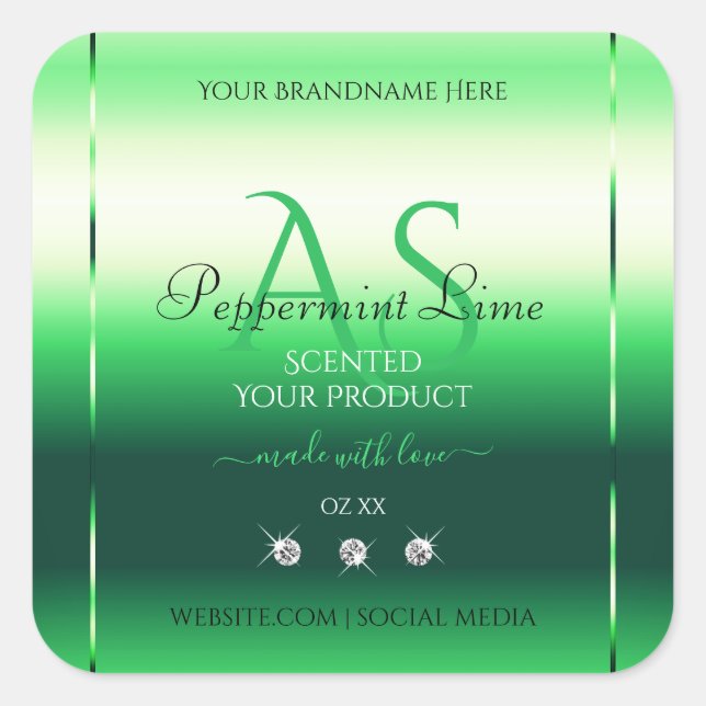 Green Shimmery Product Labels Rhinestones Monogram Quadratischer Aufkleber (Vorderseite)